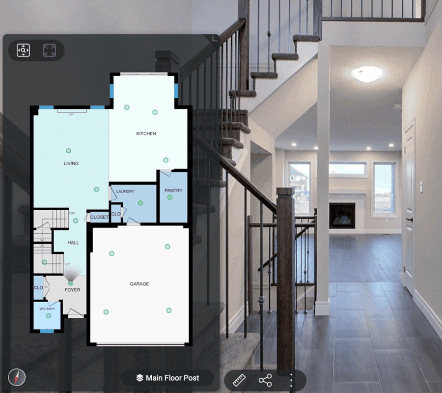 iGUIDE example after construction, with finished walls and stairs beside the floor plan