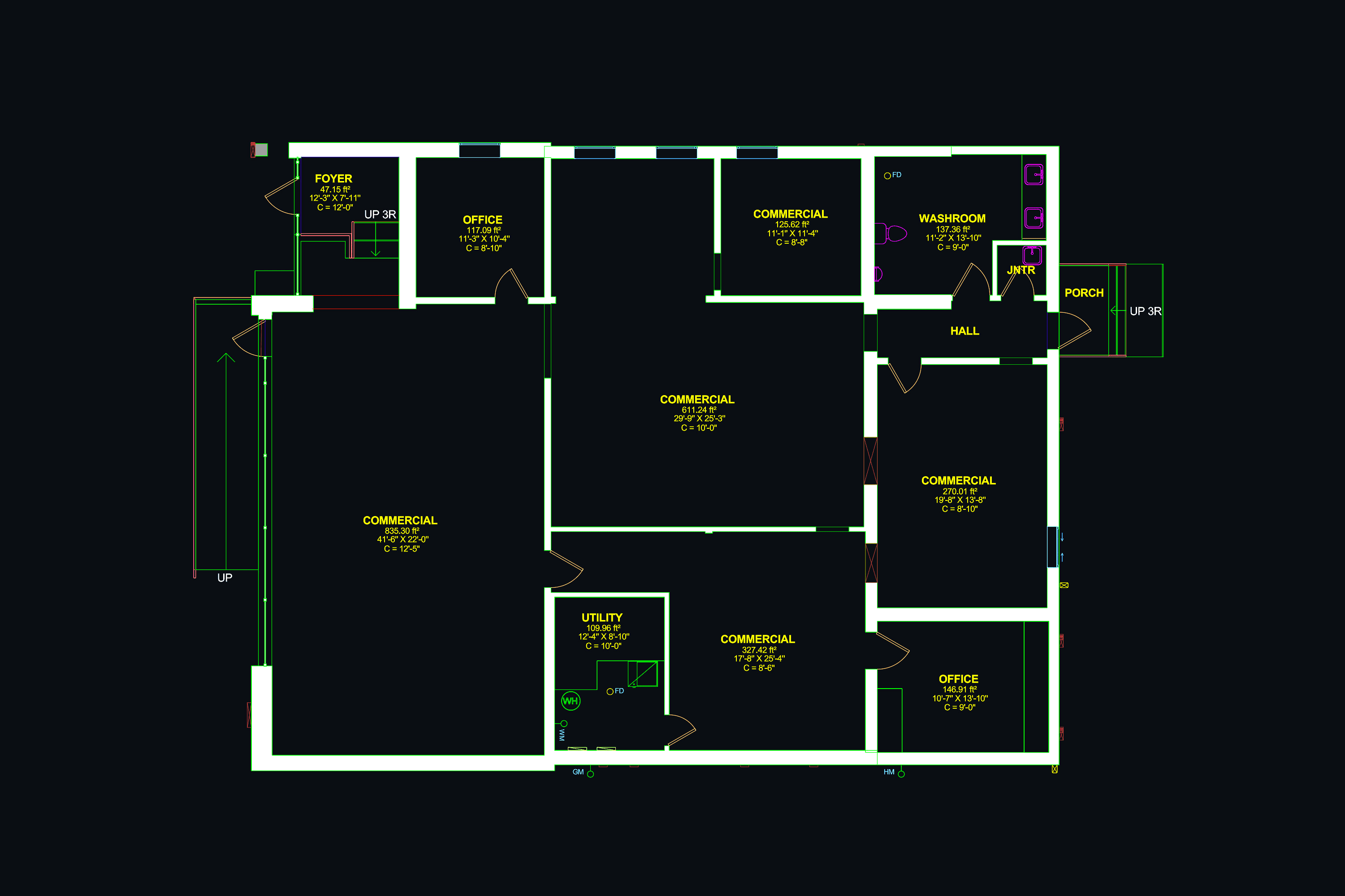 iGUIDE sample CAD floor plan showing walls, doors, fixtures, room labels, and dimensions