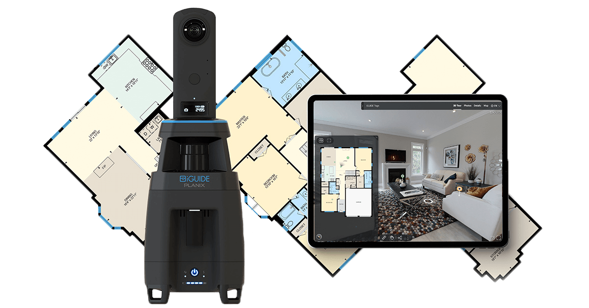 iGUIDE camera beside a tablet showing a virtual walkthrough, with floor plans behind it