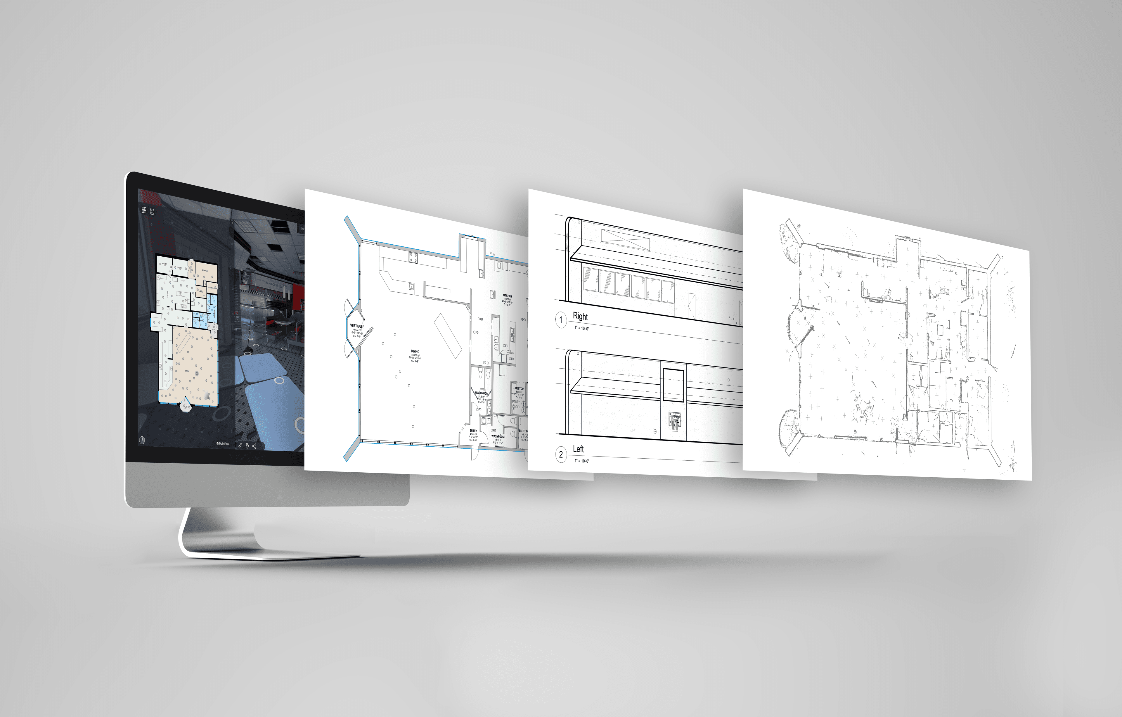 iGUIDE sample walkthrough displayed alongside a floor plan, exterior elevations, and spatial data